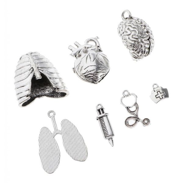 

7 pieces vintage heart shaped charm human organ necklace pendants, Silver