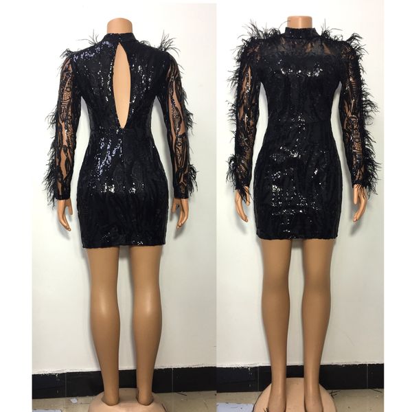 

european and american womens sequined dress stand feather backless tight dress, White;black