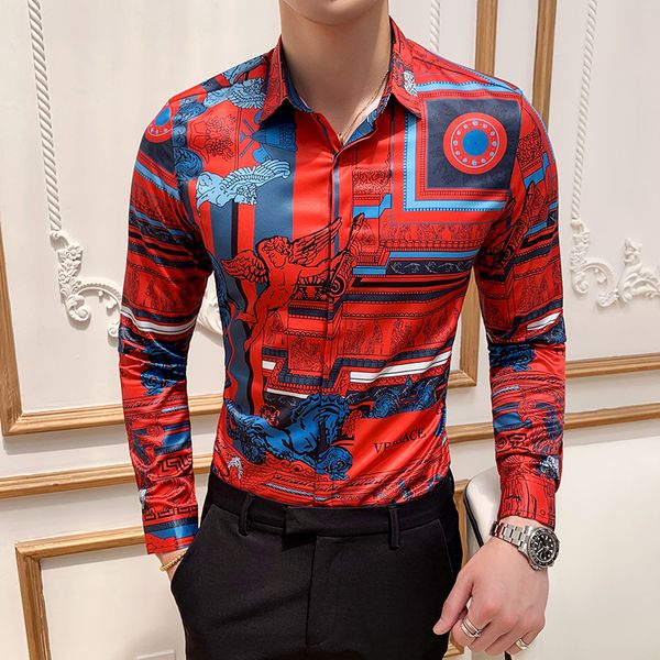 

2019 spring men's gentleman fashion trend shirt youth nightclub personality floral casual long-sleeved men's clothing, White;black