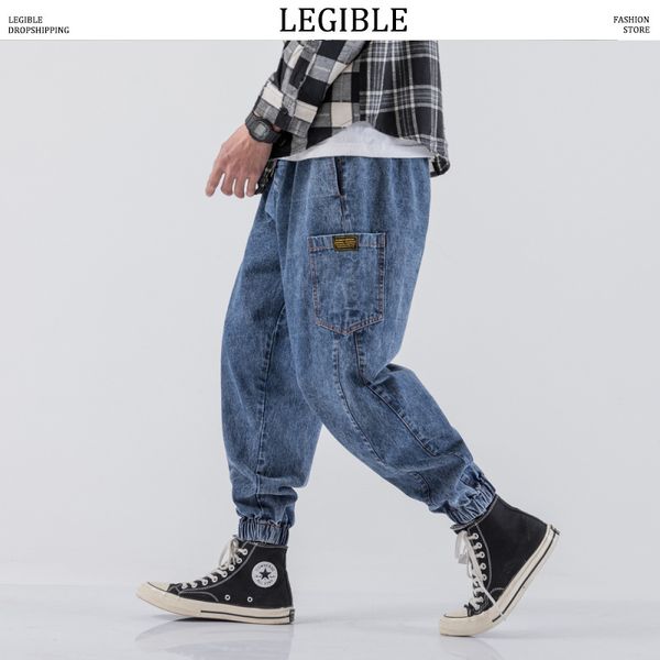 

legible spring autumn cargo jeans pants mens fashion pocket denim pants men designer trousers casual loose elastic waist, Blue