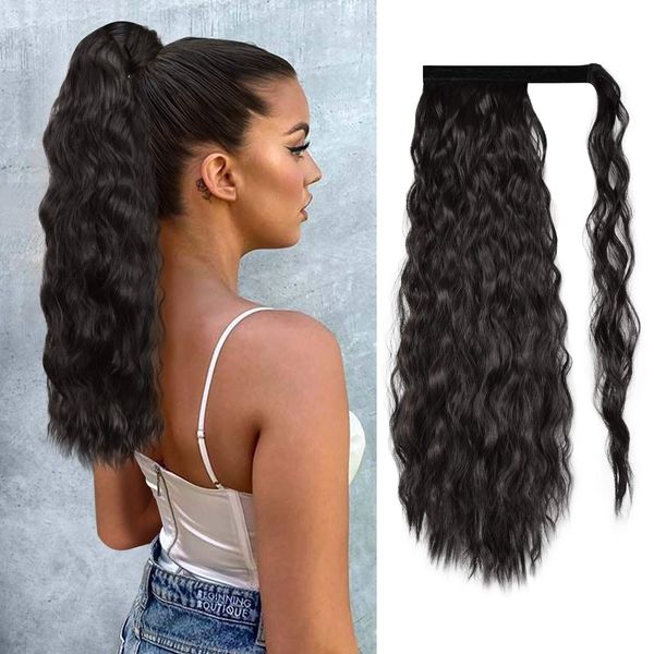 Clipe em Rabo de extensão Wrap Around longo milho Curly Pony Cauda Cabelo 18 polegadas não-Remy peruca - 140g Preto