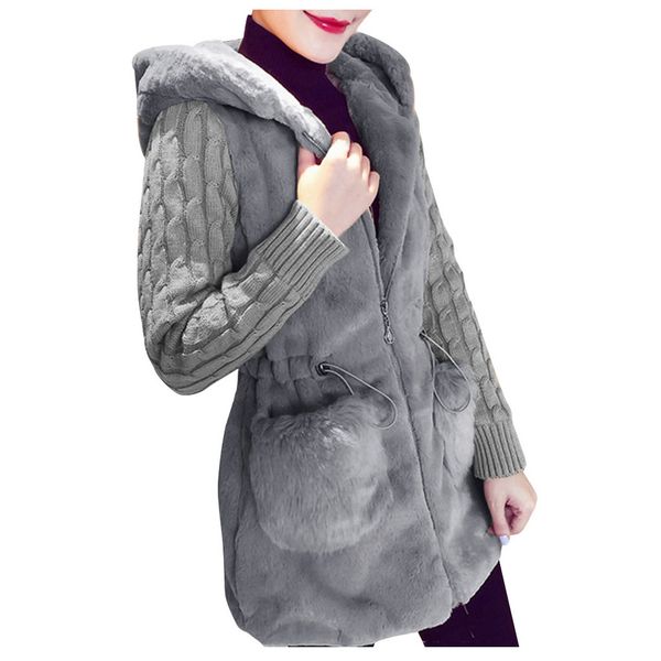 

autumn winter warm overcoat big fur collar knitting plush hoodies clothing fashion women parka warm outerwear coat with hat, Black