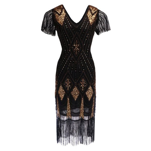 

женские sequined платье 1920-х года вдохновленного vintage блестки бисер длинной кисточка вставка платье плюс размер xl великого гэтсби плат, White