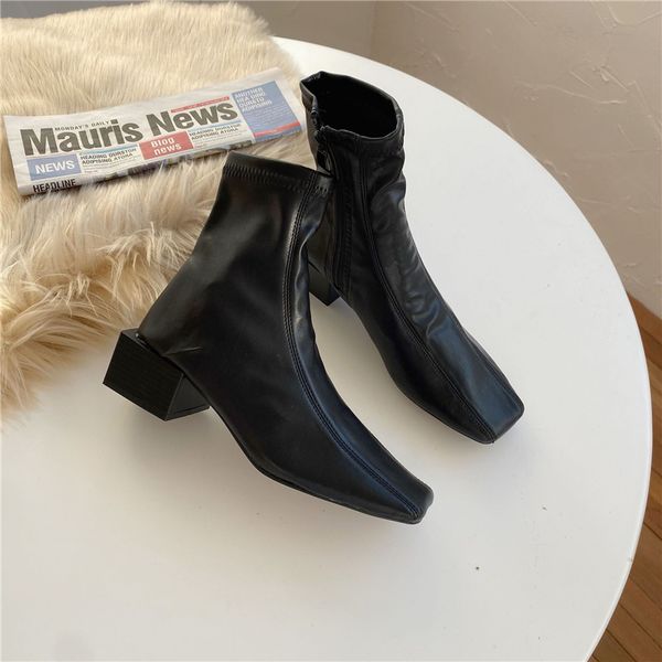 

monmoira винтажная площади каблука носок boots женщины площади toe твердая ботильоны для женщин назад zipper зимняя обувь swe0881, Black