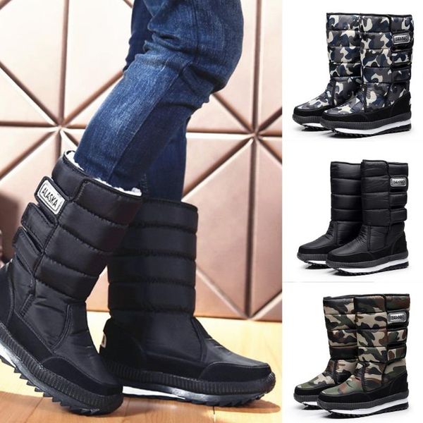 

men's warm hook winter boots snow boots high tube waterproof casual mid-calf length solid color printed booties sapato masculino, Black