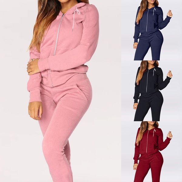 

sfit 2020 women athletic tracksuit winter warm running set zipper jogging sportswear for female hooded sweat suit casual loose, Black;blue