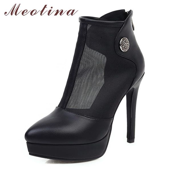 

meotina summer boots women shoes zipper platform thin heel short boots cutout extreme high heel shoes lady spring big size 33-43, Black