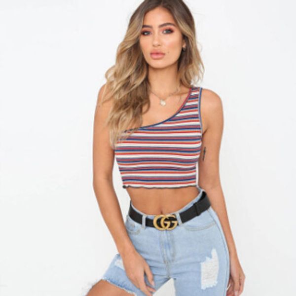 

2018 summer fashion women casual one shoulder stripes vest sleeveless sleeveless streetwear new, White