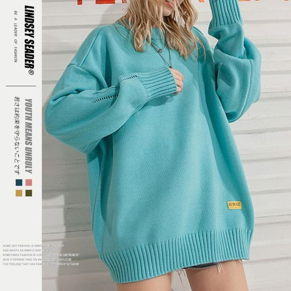 

women's sweaters women mens blue orange solid color vintage knit sweater men winter o-neck loose casual pullover streetwear clothes, White;black
