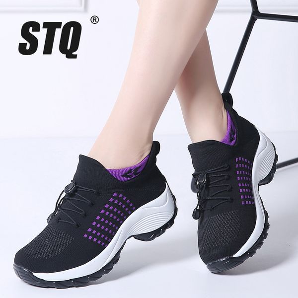 

stq 2019 spring women flat platform sneakers for women breathable mesh black sneakers shoes ladies laces for sock 1855