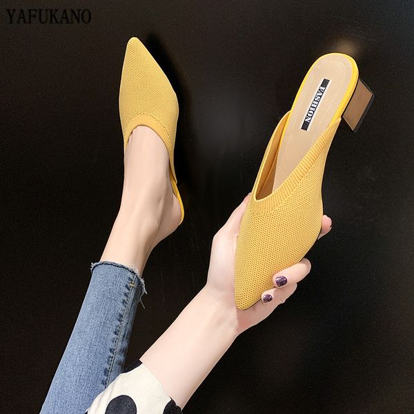 

4cm mid heel half slippers summer shoe knit breathable mules slipper fashion outdoor square heel sandals retro slides high heels, Black