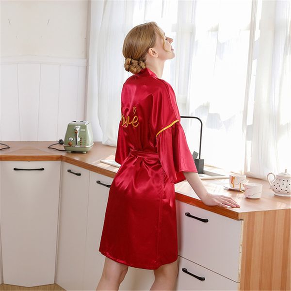

women's sleepwear nightgown party spring and summer pajamas suit bride robe wedding embroidered word bathrobe home service nightwear, Black;red