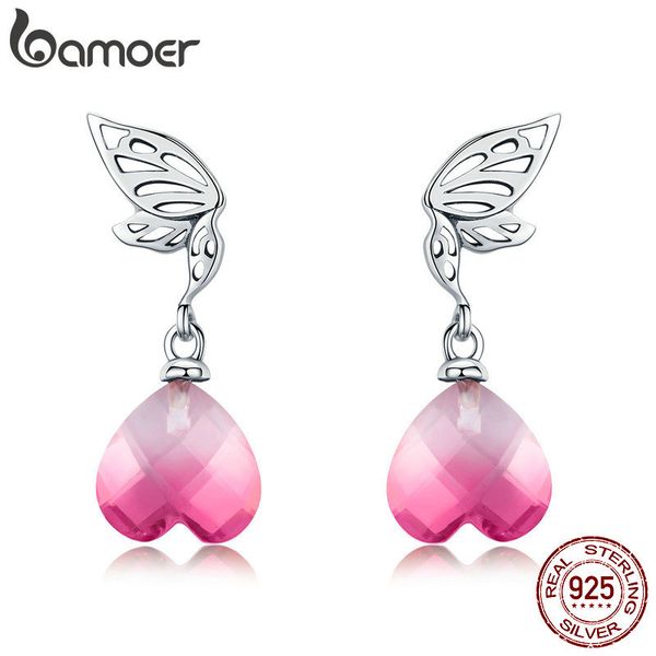 

bamoer new arrival 925 sterling silver hope wings pink crystal heart drop earrings for women wedding engagement jewelry bse015