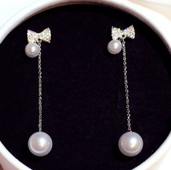 

new ins fashion designer luxury super glittering rhinestone cute bow long dangle chandelier silver stud earrings for woman girls