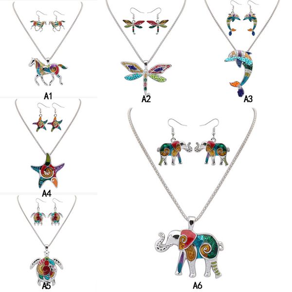 

Rainbow Enamel Animal Jewelry Set unicorn dragonfly dolphin Elephant starfish Turtle Pendant Necklace Dangle Ear hook Earring For women Gift