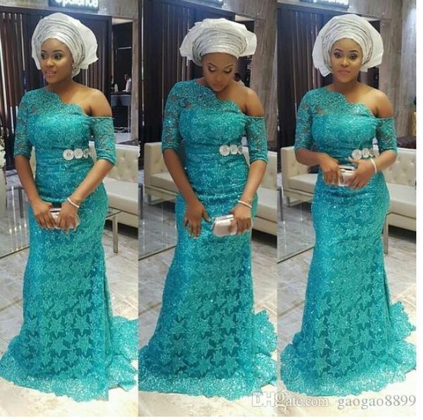 Nigerianische afrikanische Aso Ebi-Spitze-Meerjungfrau-Abendkleider, volle Spitze, eine Schulter, lange Ärmel, bodenlang, formelles Kleid, Abendkleider