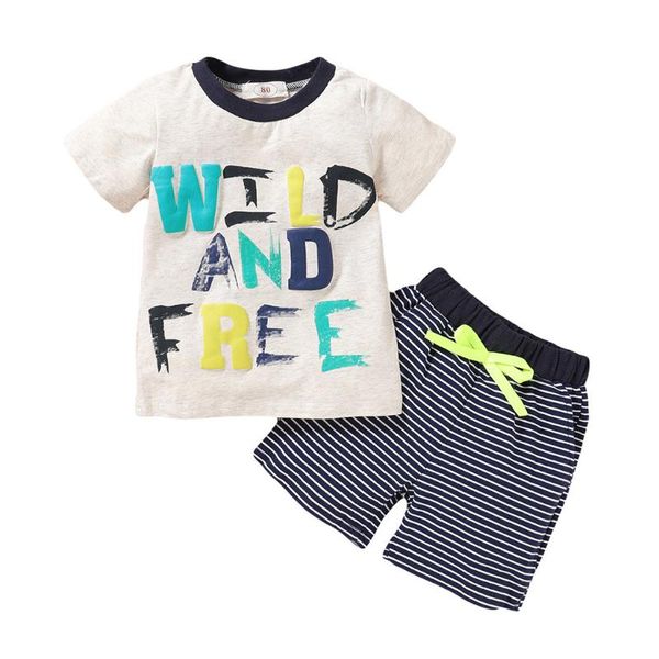 

2pcs fashion boy clothes 2020 new toddler kids baby boys casual letter print t-shirt sumemr+striped shorts kids outfits, White