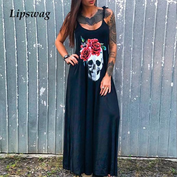 

2020 punk style loose summer dress women skull flower print sleeveless long dress female high slit maxi dress vestidos 3xl, Black;gray