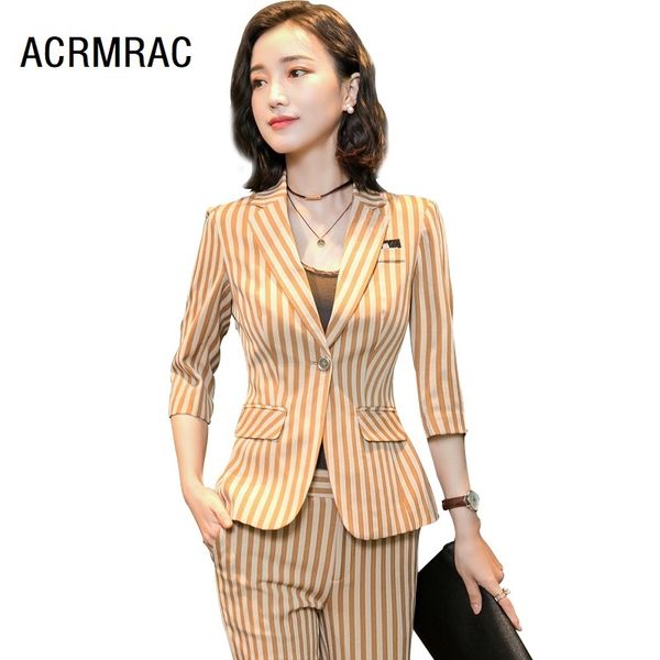 

women suits slim summer stripe half sleeve jacket ankle-length pants 2-piece set women pants suits woman set 8719, White;black