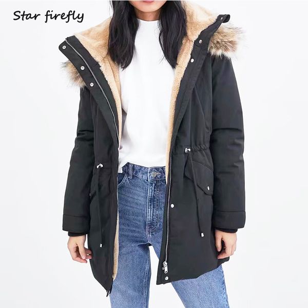 

star firefly wild solid pocket fluffy slim hooded coat female 2019 casual plus velvet thickening parker cotton clothing women, Black