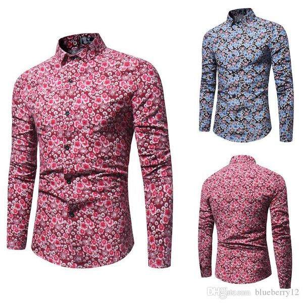 

spring autumn mens long sleeved shirts floral printed slim fit shirts turn down collar single breasted shirts, White;black
