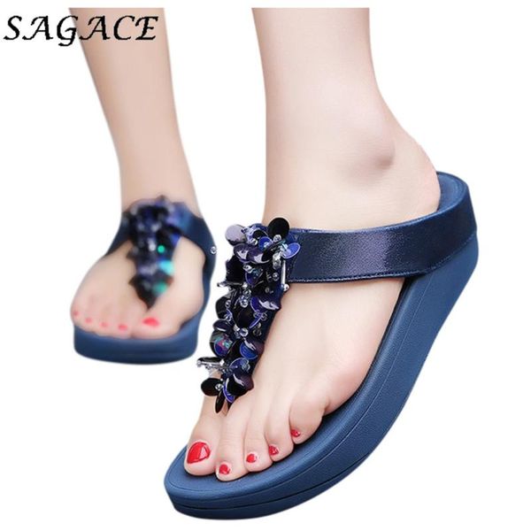 

sagace home slippers women summer flat slippers leather flip flops women thick heel sandals sequins roman sandals, Black