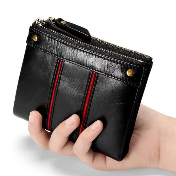 

purse antithef men wallets oil wax genuine leather male short wallet zippers and hasp man's with coin pockets card holders, Red;black