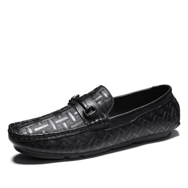 

casual men embossing genuine leather shoes summer breathable men loafers leather shoes sapato masculino zapatos hombre, Black