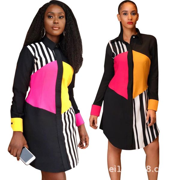 

Women Single Breasted Shirt Dress Spring Patchwork Striped Long Sleeved Autumn Casual Loose Dresses