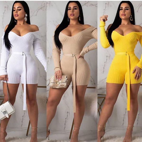 

off shoulder knit jumpsuit women winter autumn long sleeve ribbed short playsuits rompers elegant party bodycon jumpsuit, Black;white