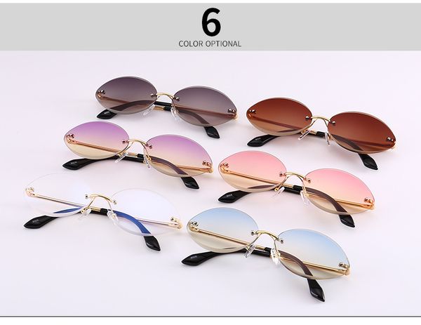 

New Oval Sunglasses for Women Rimless Diamond Cutting Lens Sun Glasses Female Ocean Clear Purple Lenses lentes de sol
