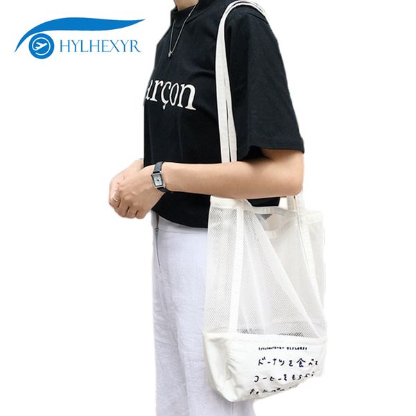 

hylhexyr beach single shoulder bags letter print canvas hollowed reusable fruit shopping bag handbag tote mesh woven net bag