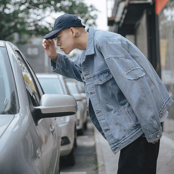 

2019 men's clothing holes cowboy loose coats streetwear casual bomber denim jacket patch loose blue color windbreaker size m-2xl, Black;brown