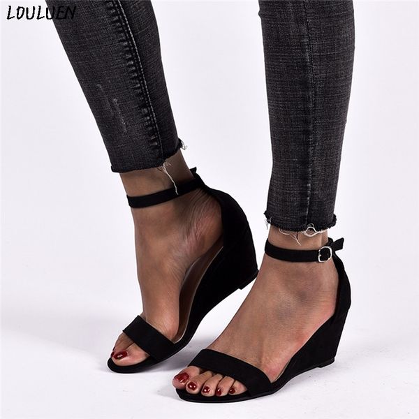 

louluen 2020 summer bohemian sandals for women plus size fashion round toe wedges casual shoes sandals retro roman zapatos mujer, Black