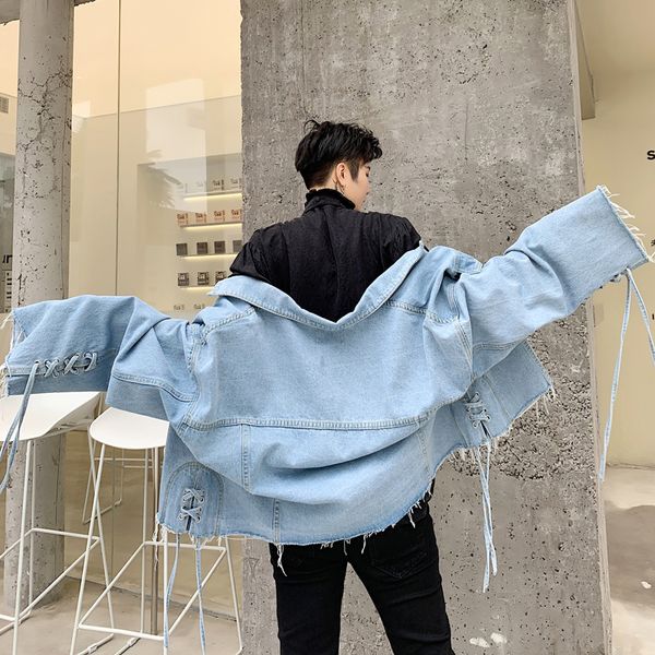 

mixcubic 2019 autumn england style drawstring cuffs burr denim jackets for men casual loose bat sleeve denim jackets men,m-xl, Black;brown