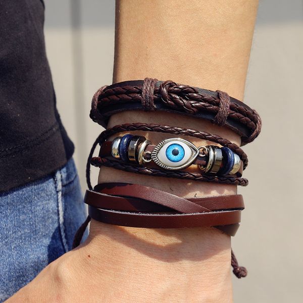 

vintage evil eye braided wrap leather bracelets for men ethnic tribal wristbands leather bangle 2020 punk men jewelry gift, Golden;silver