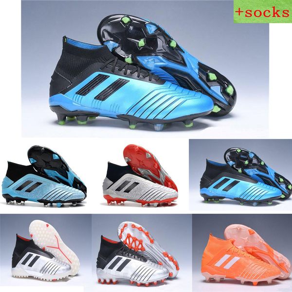 

gold silver predator 19+ fg ag tf pp paul pogba mens football boots sky blue plating bottom high ankle soccer cleats shoes