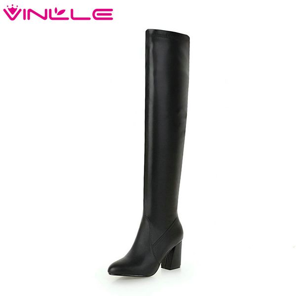 

vinlle 2019 women shoes over the knee boots pu leather square high heel classic pointed toe ladies motorcycle shoes size 34-43, Black