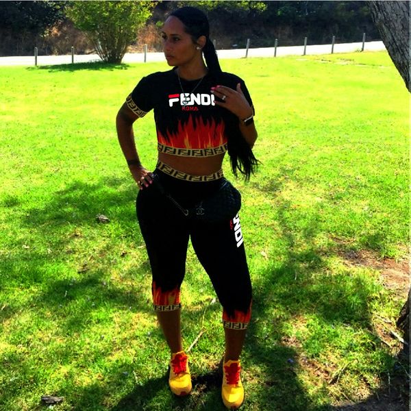 

Women Summer 2Pcs Pants FF Letter Sports Style Tracksuits Short Sleeve 3D Print Pocket Casual Apparel