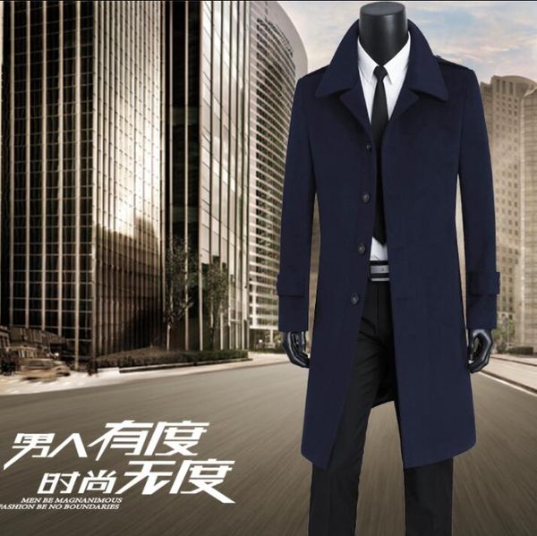 

single-breasted casual woolen coat men trench coats long sleeves overcoat mens cashmere coat casaco masculino england blue 9xl, Black