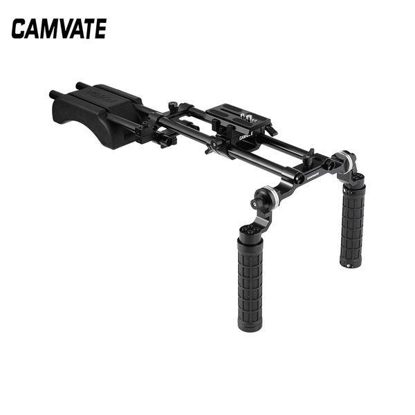 

pro shoulder mount rig with manfrotto quick release plate & adjustable rosette rubber handgrips & dual rod support systems for dv camcorder