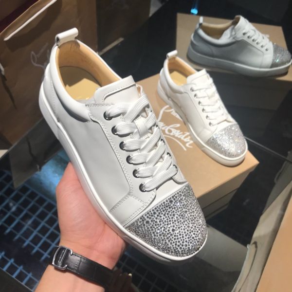 

new high-end brand leather red bottom acl men's shoe rhinestone low-shoes couple shoes sneakers flat shoes size 34-47, Black