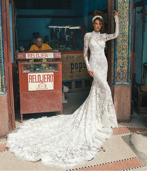 

2021 saudi arabic mermaid wedding dresses luxury vintage high neck lace long sleeves sheer wedding dresses bridal gowns, White