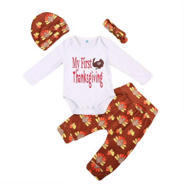 

4pcs set my first thanksgiving newborn baby boy girl long sleeve cotton romper +turkey print pant headband hat outfit set, Pink;blue