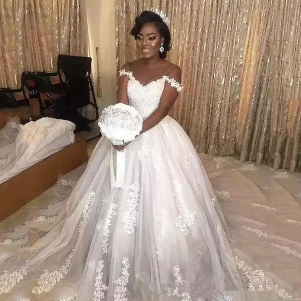 

off shoulder lace wedding dresses 2020 with appliques cap sleeves court train arabic a line wedding bridal gowns, White