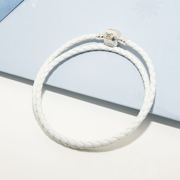 

women white braided leather charm bracelet original box sets for pandora 925 sterling silver luxury designer mens bracelets, Golden;silver