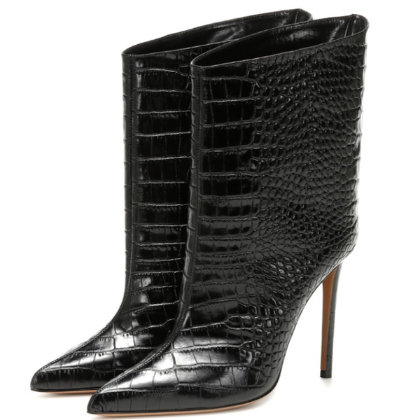

2020 spring new large size cow pattern thin high-heeled wide tube women's short boots bare boots pointed black women's