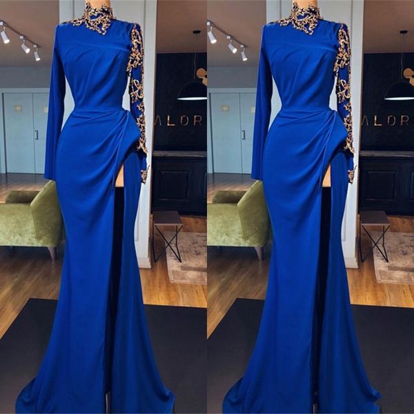 

royal blue high neck formal prom dresses with gold appliqued long sleeves side split evening gowns celebrity fashion party wear, Black