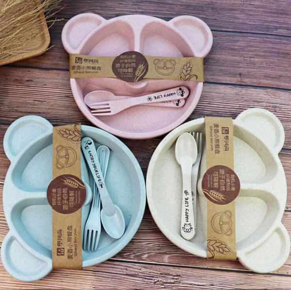 

cartoon kids dishes tableware set wheat straw dinnerware feeding food plate bowl sets with spoon fork eco-friendly tablewares lxl511-a