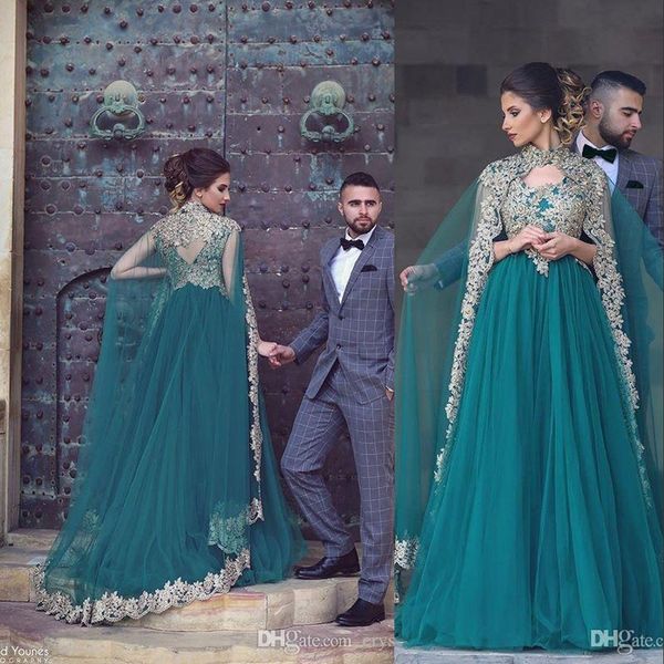 

teal hunter tulle prom dresses with cape v neck lace appliques crystal beaded muslim beaded long party dress plus size evening gowns, Black